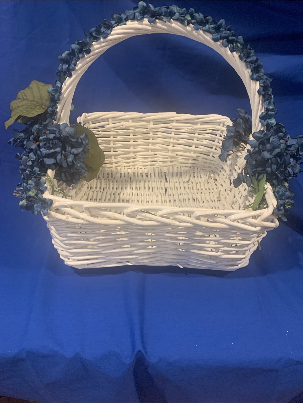 White Wicker Basket with Blue Floral Handle